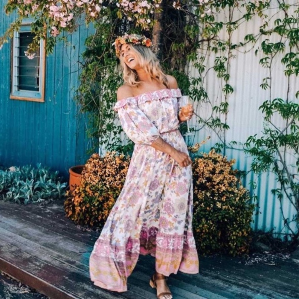 Waverly Boho Pink Floral Print Off Shoulder Crop top Maxi Skirt Set - Picture 5 of 16